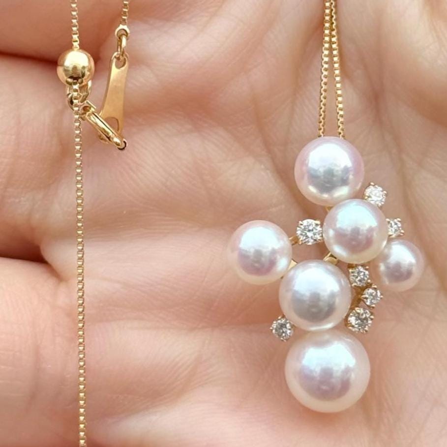 18K Yellow Gold Akoya Pearl Cluster Pendant, Necklace for Bride, June Birthstone Jewelry, Wedding & Anniversary Necklace