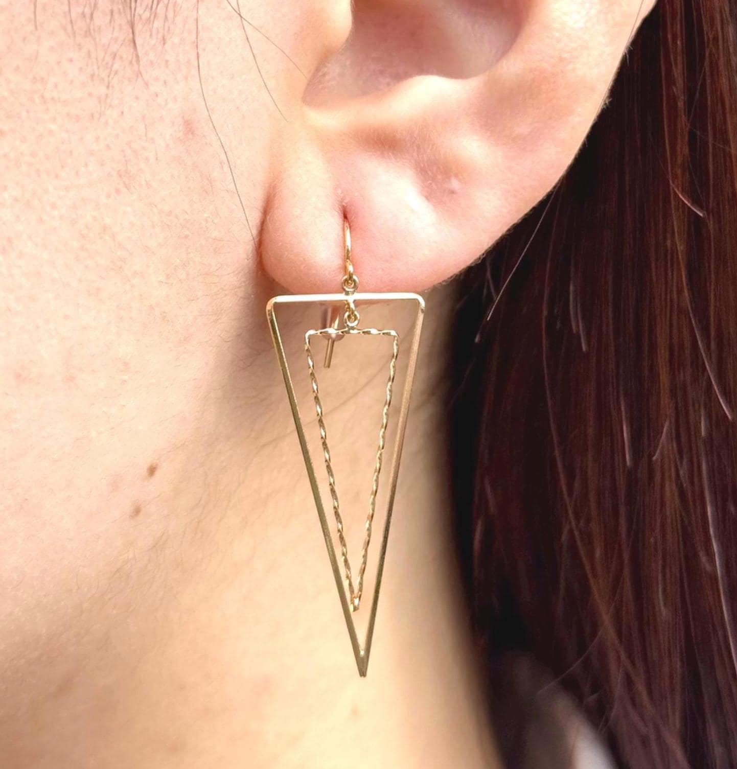 18K Yellow Gold Triangle Dangle Earrings, Minimalist Geometric Drop Earrings, No Plating or Coating. Gift for Mothers Day. Bridal Jewelry