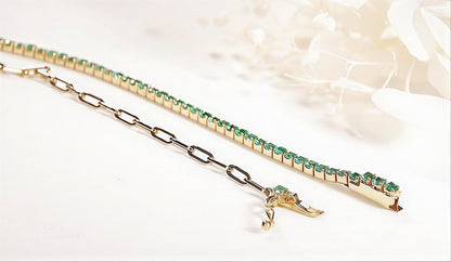 18k Emerald Paperclip Bracelet. Natural emeralds. No Plating, solid gold. Half tennis and half paperclip bracelet. Stackable. May Birthstone