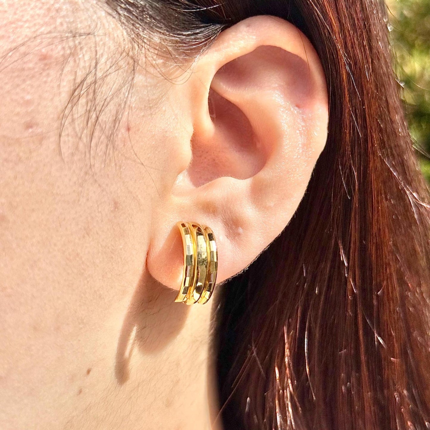 18K Yellow Gold Triple-Band Hoop-Style Earrings, Not Plated or Filled; Luxury Jewelry for Her. Mothers Day Gift for Mom