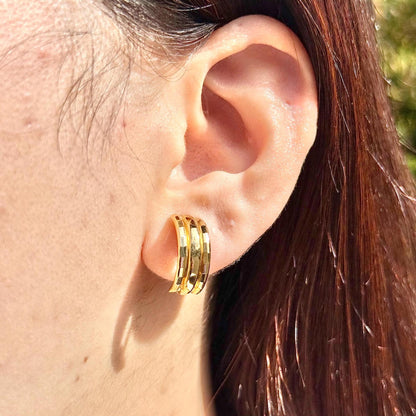 18K Yellow Gold Triple-Band Hoop-Style Earrings, Not Plated or Filled; Luxury Jewelry for Her. Mothers Day Gift for Mom