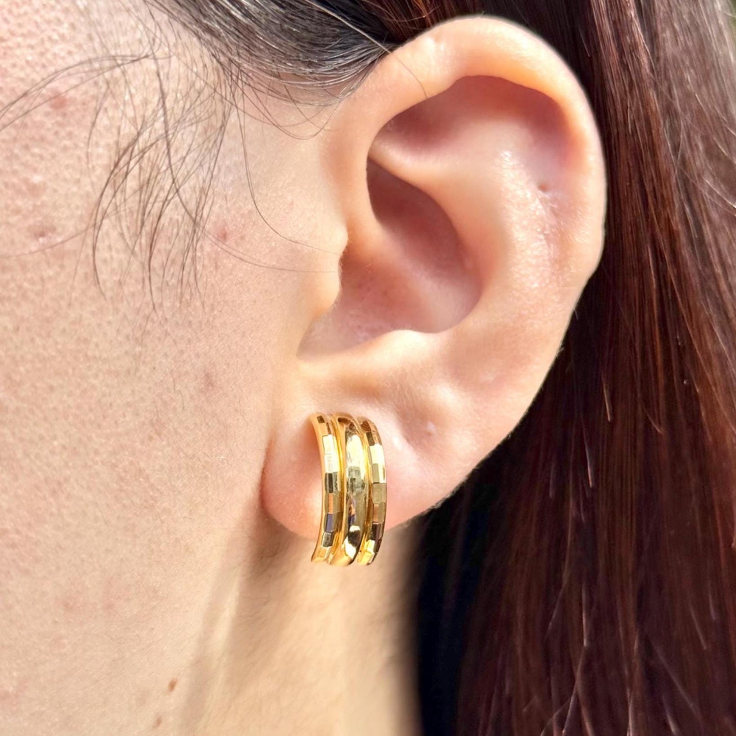 18K Yellow Gold Triple-Band Hoop-Style Earrings, Not Plated or Filled; Luxury Jewelry for Her. Mothers Day Gift for Mom