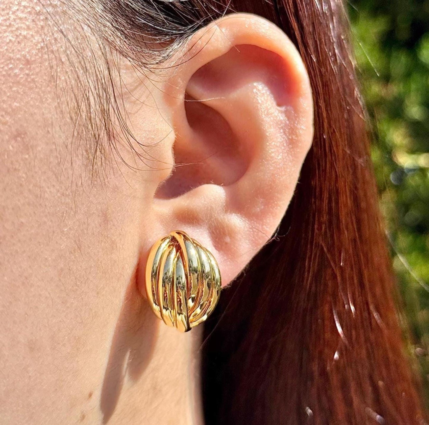 18K Yellow Gold Stud Earrings, Ribbed Dome Studs, Not Plated, Not Coated, Vintage-Style Earrings. Luxury Jewelry Gift. Statement Earrings.