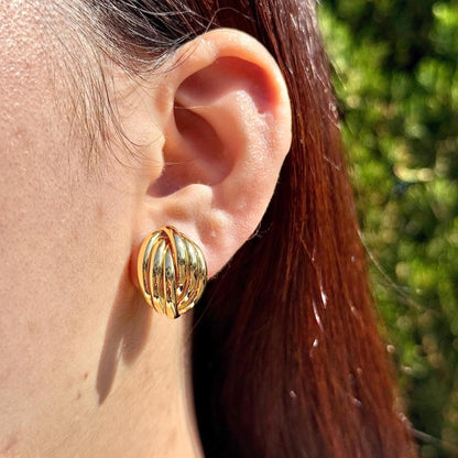 18K Yellow Gold Stud Earrings, Ribbed Dome Studs, Not Plated, Not Coated, Vintage-Style Earrings. Luxury Jewelry Gift. Statement Earrings.