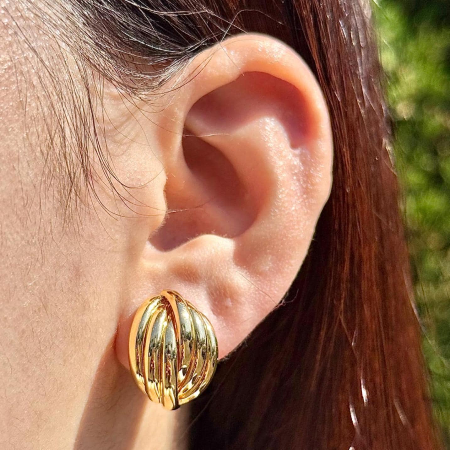 18K Yellow Gold Stud Earrings, Ribbed Dome Studs, Not Plated, Not Coated, Vintage-Style Earrings. Luxury Jewelry Gift. Statement Earrings.
