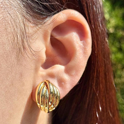 18K Yellow Gold Stud Earrings, Ribbed Dome Studs, Not Plated, Not Coated, Vintage-Style Earrings. Luxury Jewelry Gift. Statement Earrings.