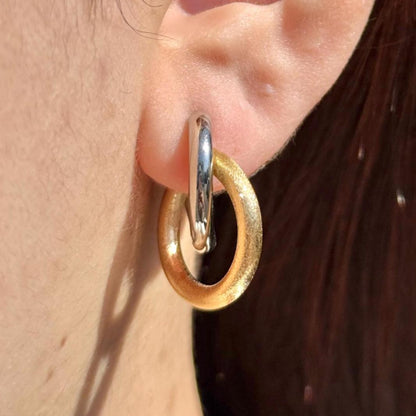 18K Yellow Gold and Platinum Double Hoop Earrings, Mixed Metal - Matte Gold & Platinum -No Plating or Coating, Luxury Jewelry Gift for Her.