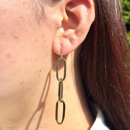 18K Yellow Gold Chain Link Drop, Real Gold 3-Paperclip Earrings, No Plating or Coating. Luxury Jewelry Gift for Daughter. Statement Earrings