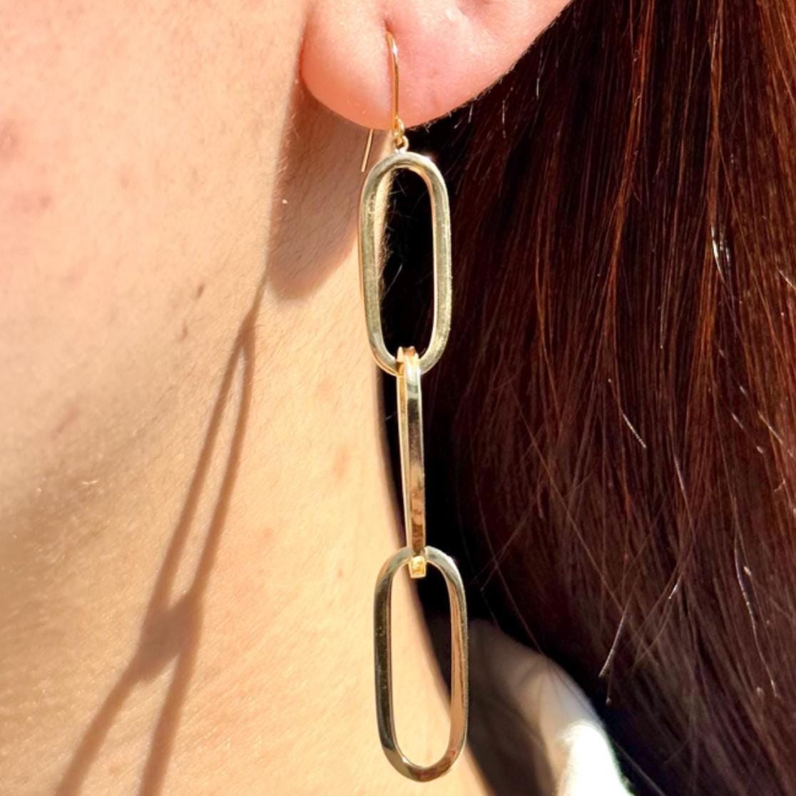 18K Yellow Gold Chain Link Drop, Real Gold 3-Paperclip Earrings, No Plating or Coating. Luxury Jewelry Gift for Daughter. Statement Earrings