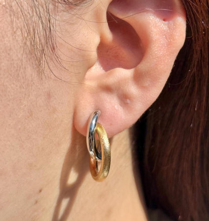 18K Yellow Gold And Platinum Double Hoop Earrings, No Plating or Coating, Minimalist Everyday Jewelry For Her. Grad gift for her