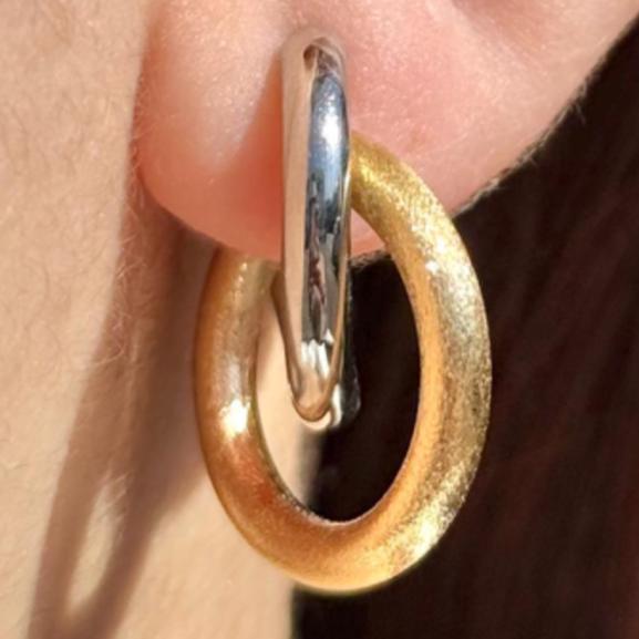 18K Yellow Gold And Platinum Double Hoop Earrings, No Plating or Coating, Minimalist Everyday Jewelry For Her. Grad gift for her