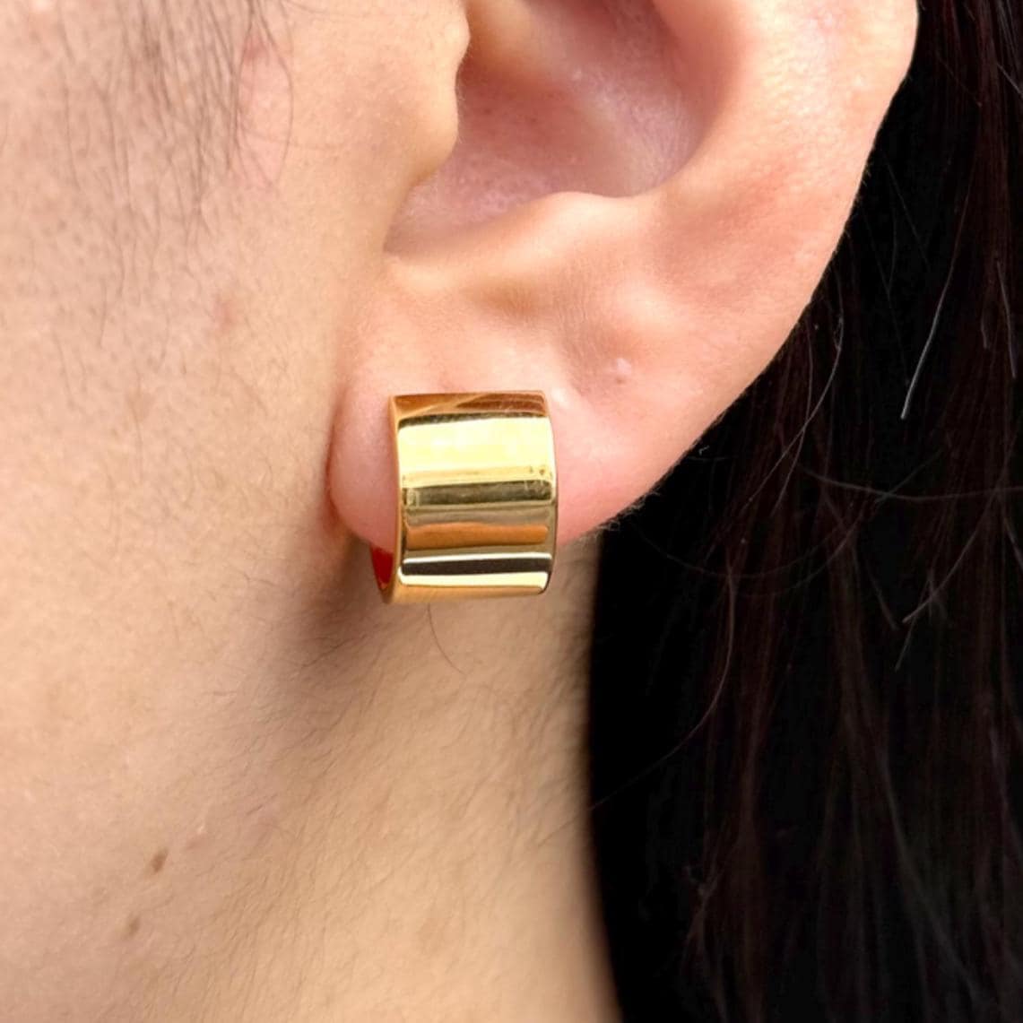 18K Yellow Gold Wide Hoop Earrings, Chunky Huggie Hoops, Not Plated or Coated, Gift For Mom, Grad Gift for Daughter. Anniversary Jewelry