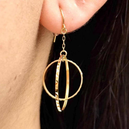 18K Gold Double Circle Drop Earrings, Geometric Gold Dangle Earrings. No Plating or Coating. Modern Luxury Earrings. Graduation Gift for Her