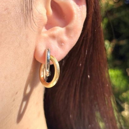 18K Yellow Gold And Platinum Double Hoop Earrings, No Plating or Coating, Minimalist Everyday Jewelry For Her. Grad gift for her