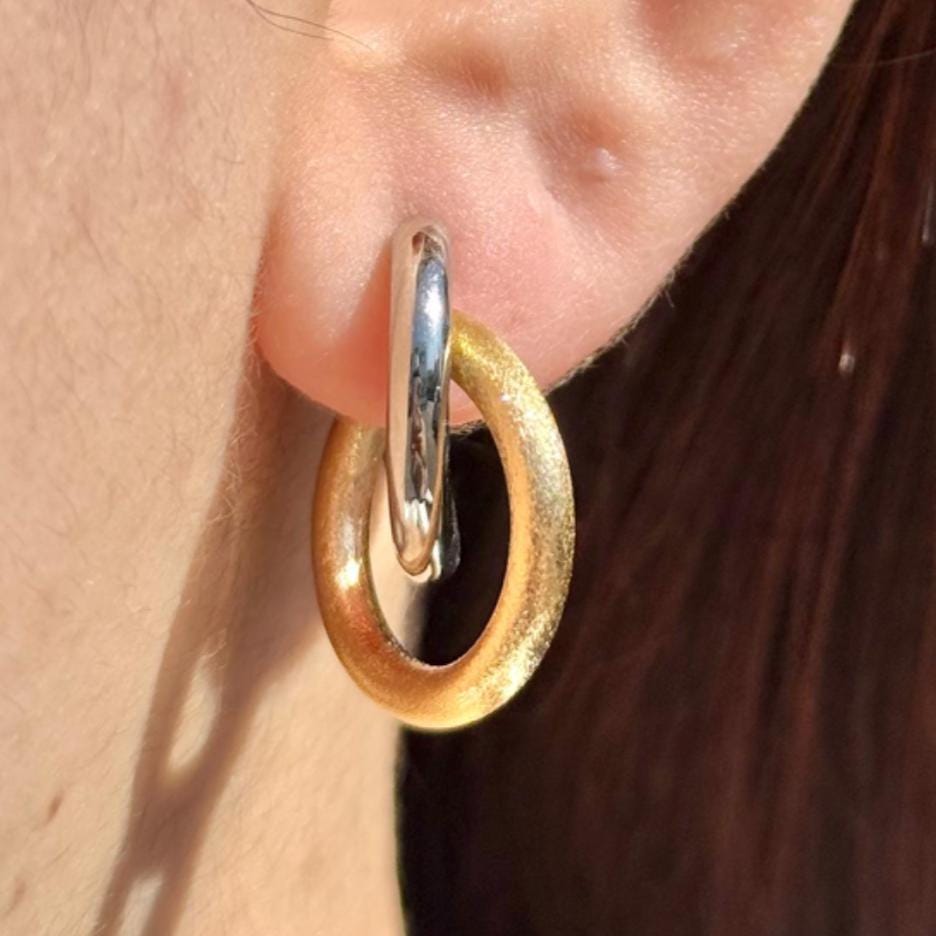 18K Yellow Gold And Platinum Double Hoop Earrings, No Plating or Coating, Minimalist Everyday Jewelry For Her. Grad gift for her
