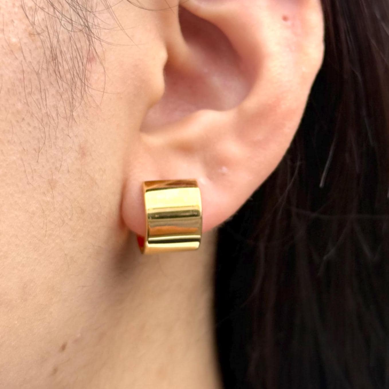 18K Yellow Gold Wide Hoop Earrings, Chunky Huggie Hoops, Not Plated or Coated, Gift For Mom, Grad Gift for Daughter. Anniversary Jewelry