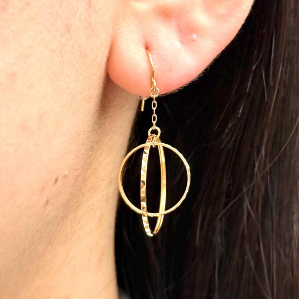 18K Gold Double Circle Drop Earrings, Geometric Gold Dangle Earrings. No Plating or Coating. Modern Luxury Earrings. Graduation Gift for Her