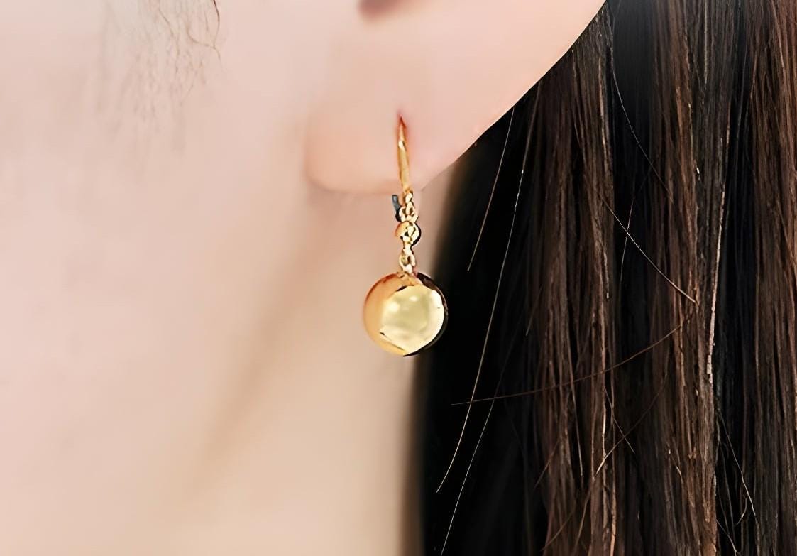 18K Yellow Gold Sphere Hook Earrings, No Plating or Coating, Minimal Dangle Jewelry For Her. Graduation Gift For Her. Ball Drop Studs
