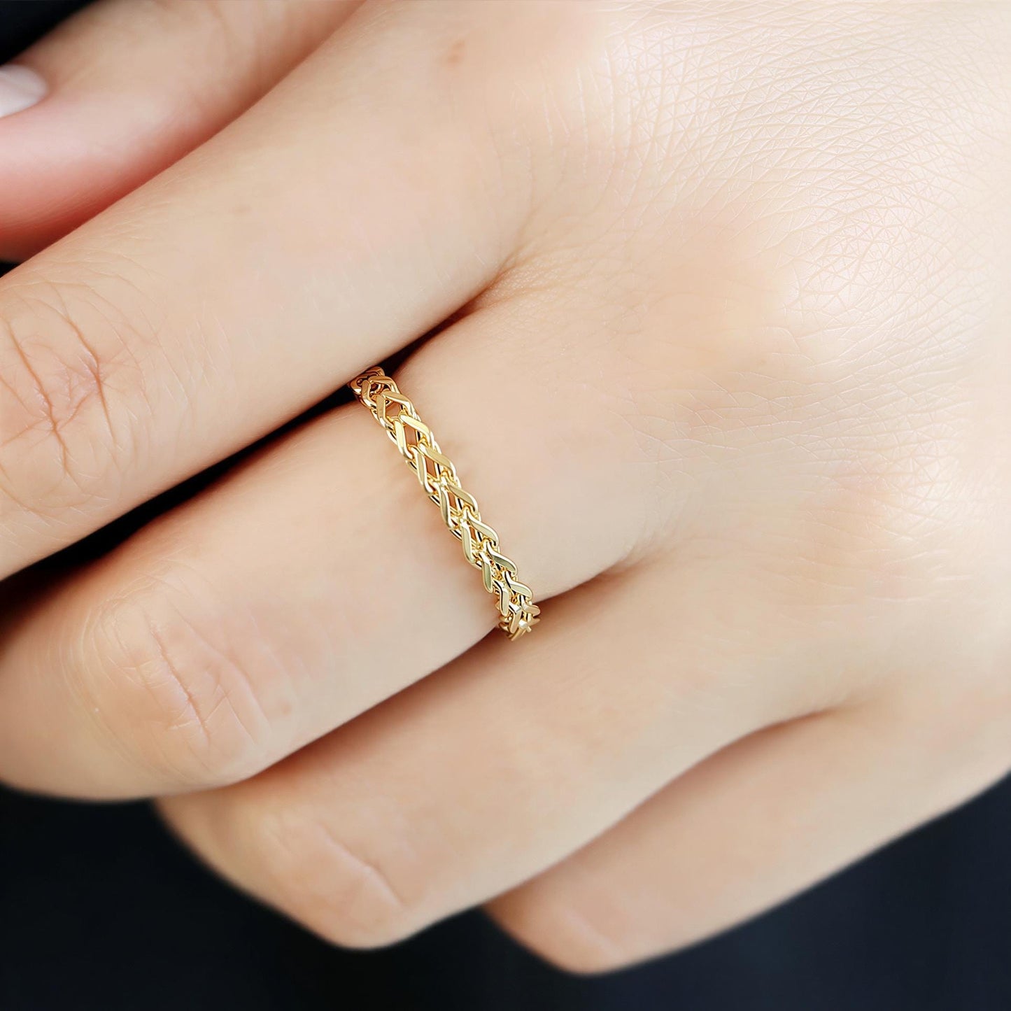 18K Yellow Gold Foxtail Chain Ring, No Plating or Coating, Dainty Stackable Gold Ring, Minimalist Jewelry Gift for Her. Luxury Ring for Wife