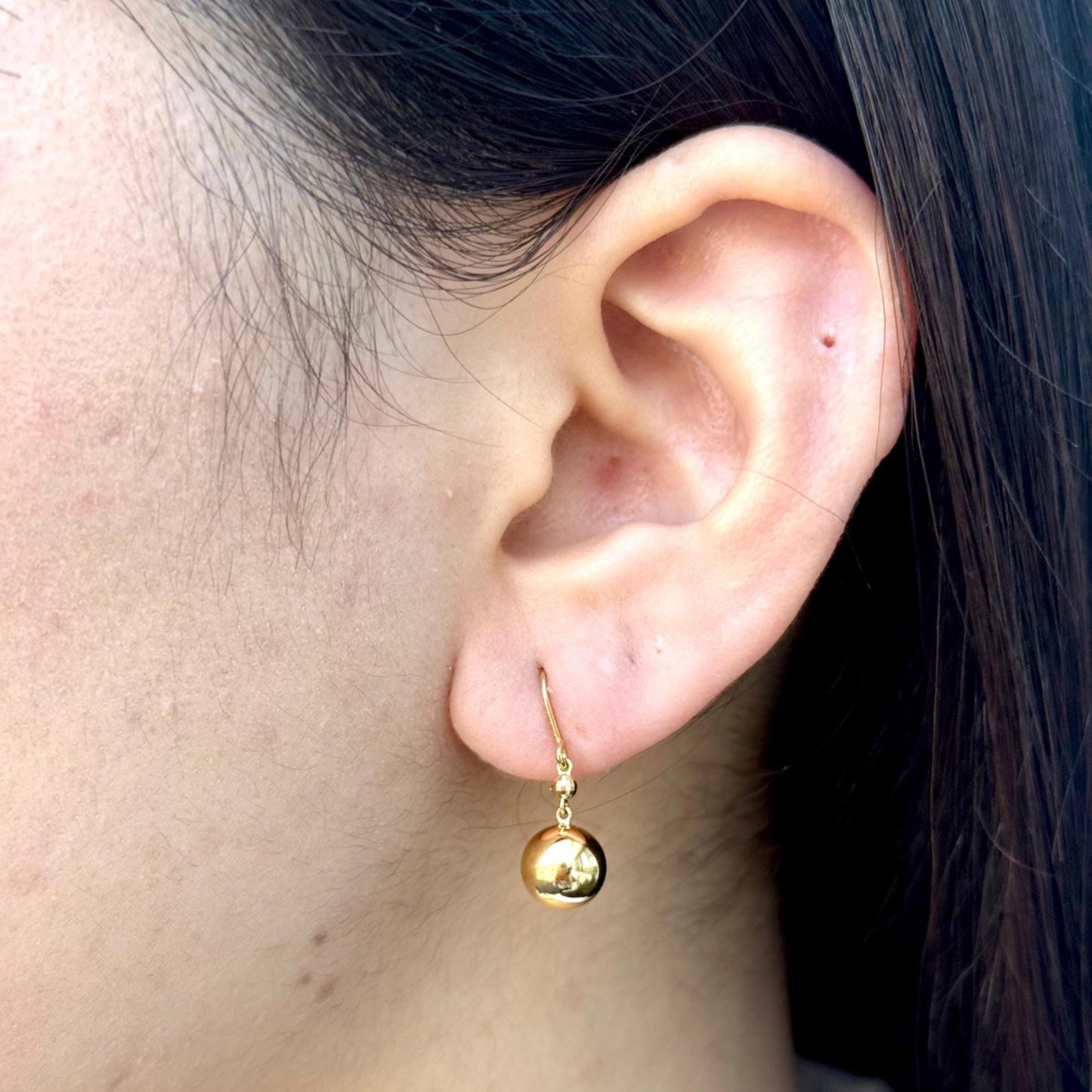 18K Yellow Gold Sphere Hook Earrings, No Plating or Coating, Minimal Dangle Jewelry For Her. Graduation Gift For Her. Ball Drop Studs