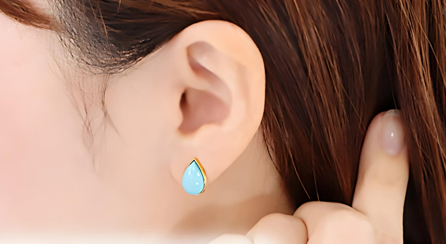 18K Natural Turquoise Stud Earrings, Teardrop Shape. Vibrant Blue Gemstone Studs, Chic Fine Jewelry. December Birthstone Jewelry. Solid Gold