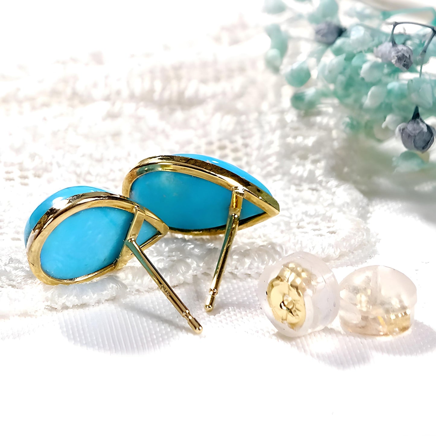 18K Natural Turquoise Stud Earrings, Teardrop Shape. Vibrant Blue Gemstone Studs, Chic Fine Jewelry. December Birthstone Jewelry. Solid Gold