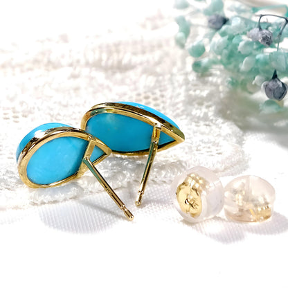 18K Natural Turquoise Stud Earrings, Teardrop Shape. Vibrant Blue Gemstone Studs, Chic Fine Jewelry. December Birthstone Jewelry. Solid Gold