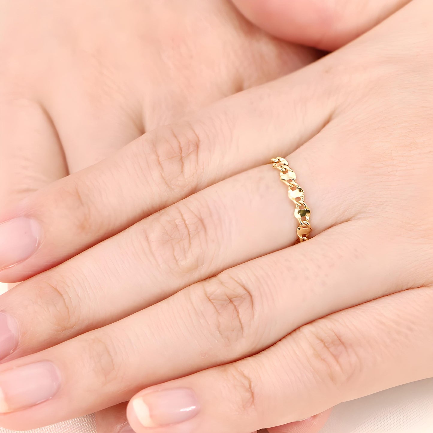 18K Solid Gold Chain Ring, No Plating or Coating. Twist Eclair Chain. Stackable Rings. Dainty Interlocking Link Ring. Minimal Luxury Ring