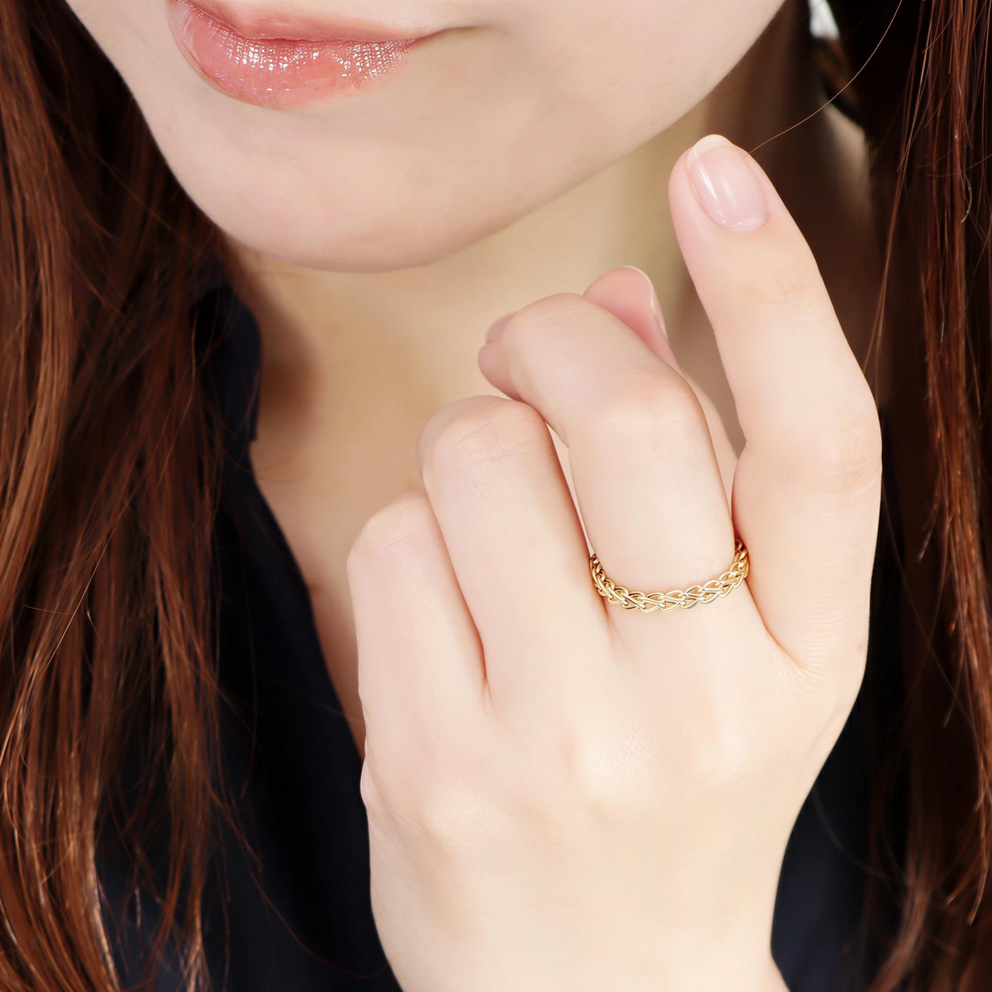 18K Yellow Gold Foxtail Chain Ring, No Plating or Coating, Dainty Stackable Gold Ring, Minimalist Jewelry Gift for Her. Luxury Ring for Wife