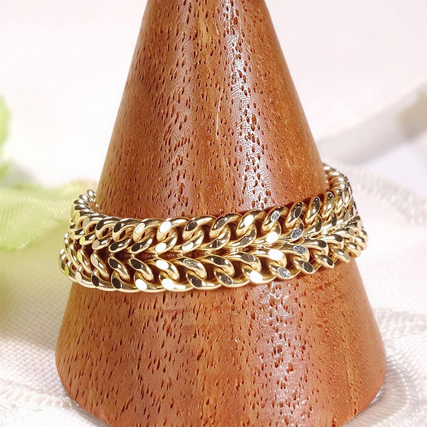 18K Gold Cuban Chain Ring, No Plating or Coating, Flexible Two Row Curb Chain Ring, Unisex Band. Stackable Ring. Luxury Rings for Her