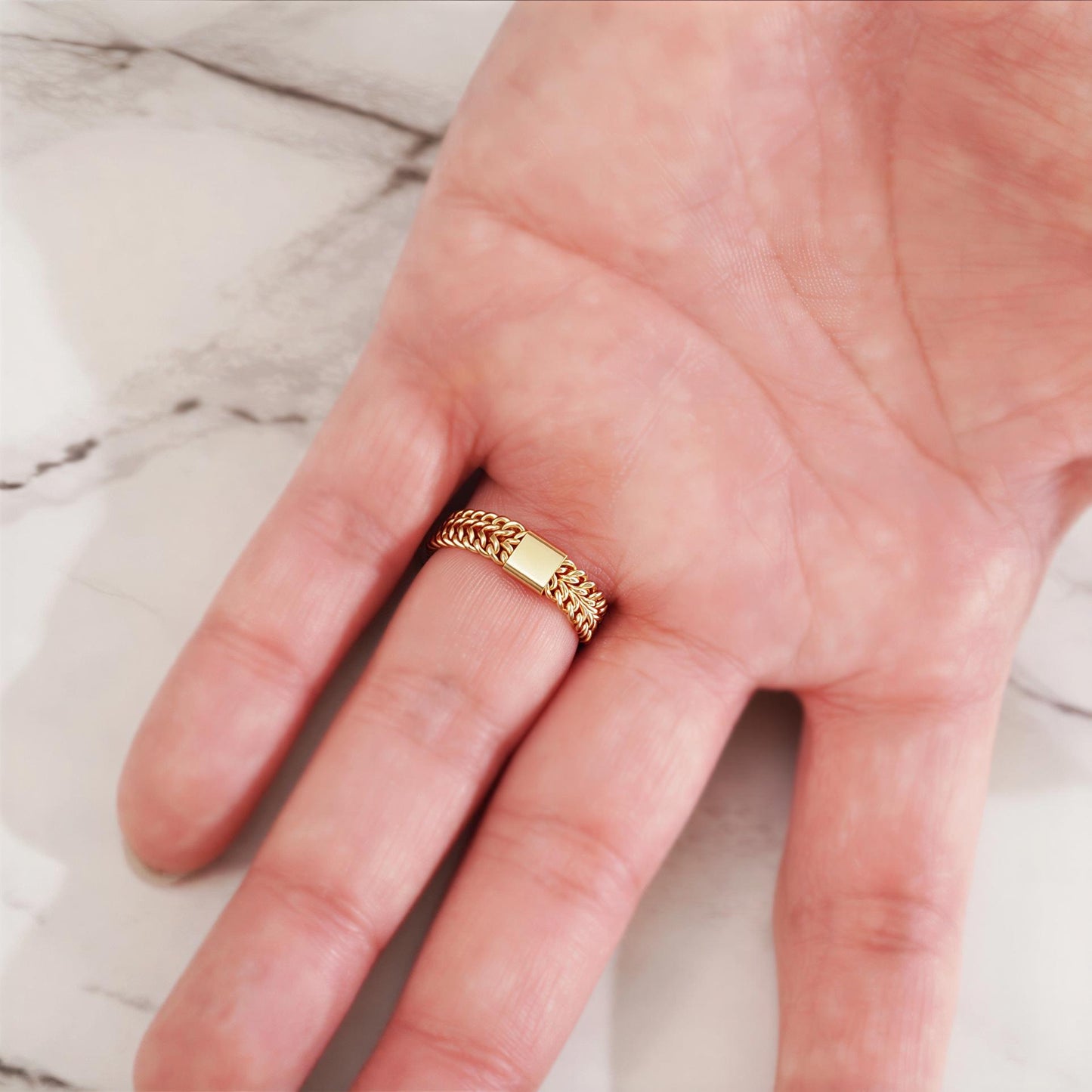 18K Gold Cuban Chain Ring, No Plating or Coating, Flexible Two Row Curb Chain Ring, Unisex Band. Stackable Ring. Luxury Rings for Her