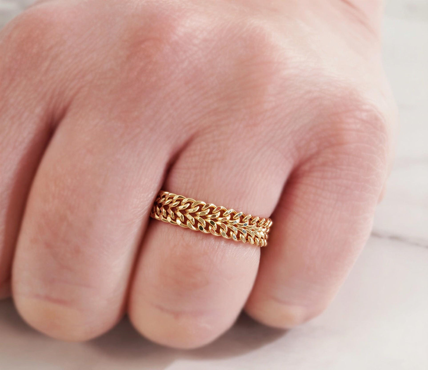 18K Gold Cuban Chain Ring, No Plating or Coating, Flexible Two Row Curb Chain Ring, Unisex Band. Stackable Ring. Luxury Rings for Her