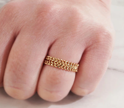 18K Gold Cuban Chain Ring, No Plating or Coating, Flexible Two Row Curb Chain Ring, Unisex Band. Stackable Ring. Luxury Rings for Her