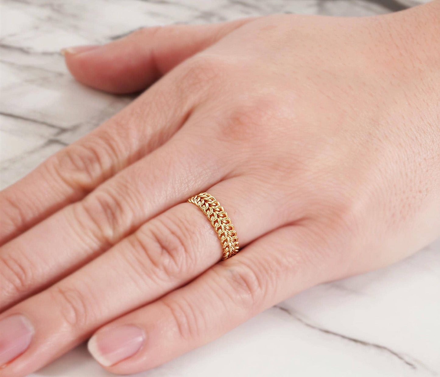 18K Gold Cuban Chain Ring, No Plating or Coating, Flexible Two Row Curb Chain Ring, Unisex Band. Stackable Ring. Luxury Rings for Her