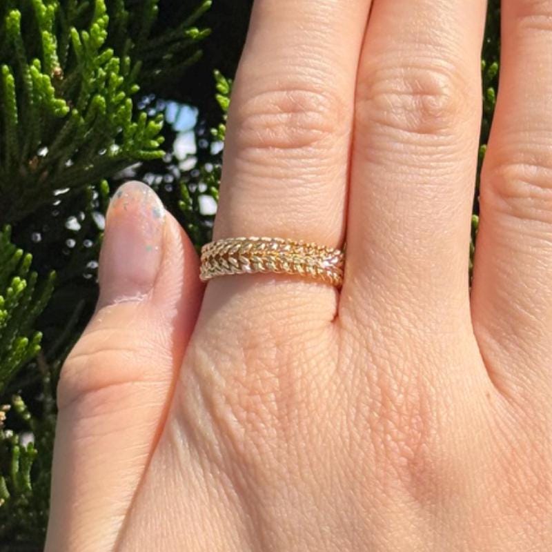 18K Gold Cuban Chain Ring, No Plating or Coating, Flexible Two Row Curb Chain Ring, Unisex Band. Stackable Ring. Luxury Rings for Her