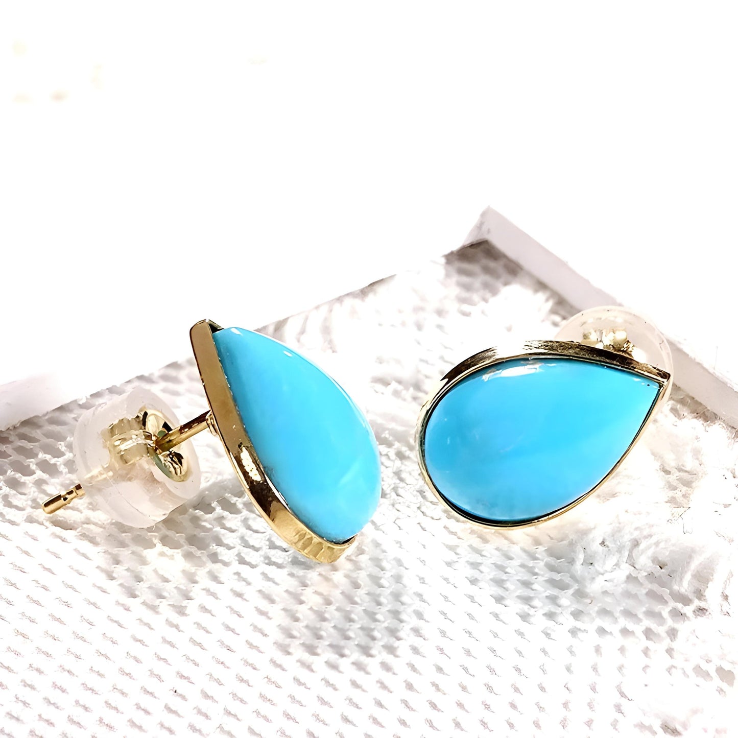 18K Natural Turquoise Stud Earrings, Teardrop Shape. Vibrant Blue Gemstone Studs, Chic Fine Jewelry. December Birthstone Jewelry. Solid Gold