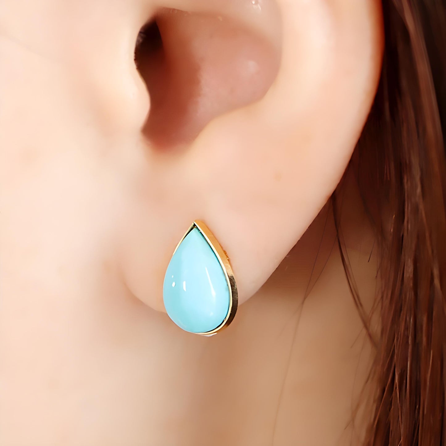 18K Natural Turquoise Stud Earrings, Teardrop Shape. Vibrant Blue Gemstone Studs, Chic Fine Jewelry. December Birthstone Jewelry. Solid Gold