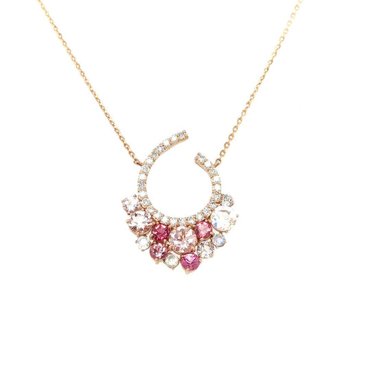Celestial Blush Pendant - Radiant circular pendant adorned with morganites, pink tourmalines, diamonds, and moonstones in 18k rose gold.