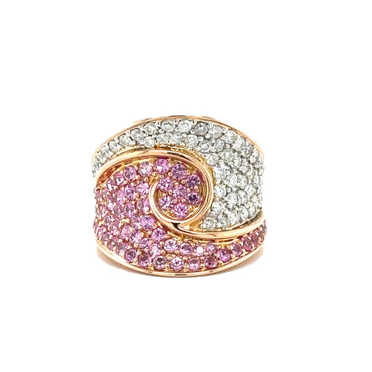 Bold Diamond and Pink Sapphire Swirl Ring in 18k Rose Gold